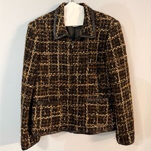 Oscar de la Renta Black and Brown Tweed Blazer with leather trim.